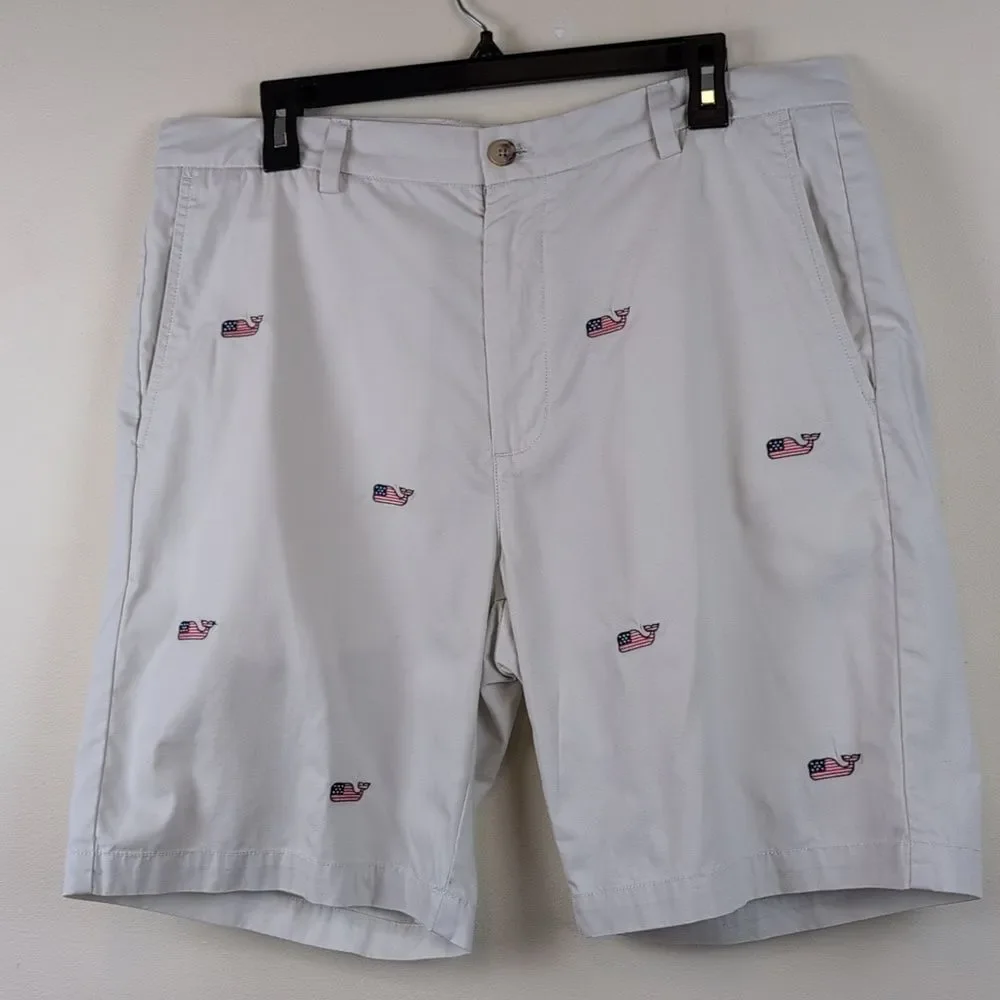 Vineyard Vines Cotton Breaker Short Embroidered American Flag Whales Size 35